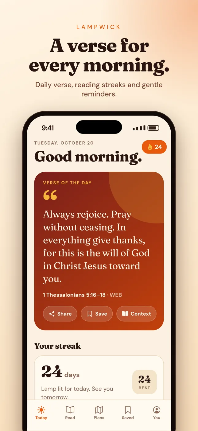 Lampwick Today screen showing the verse of the day and a 24-day reading streak
